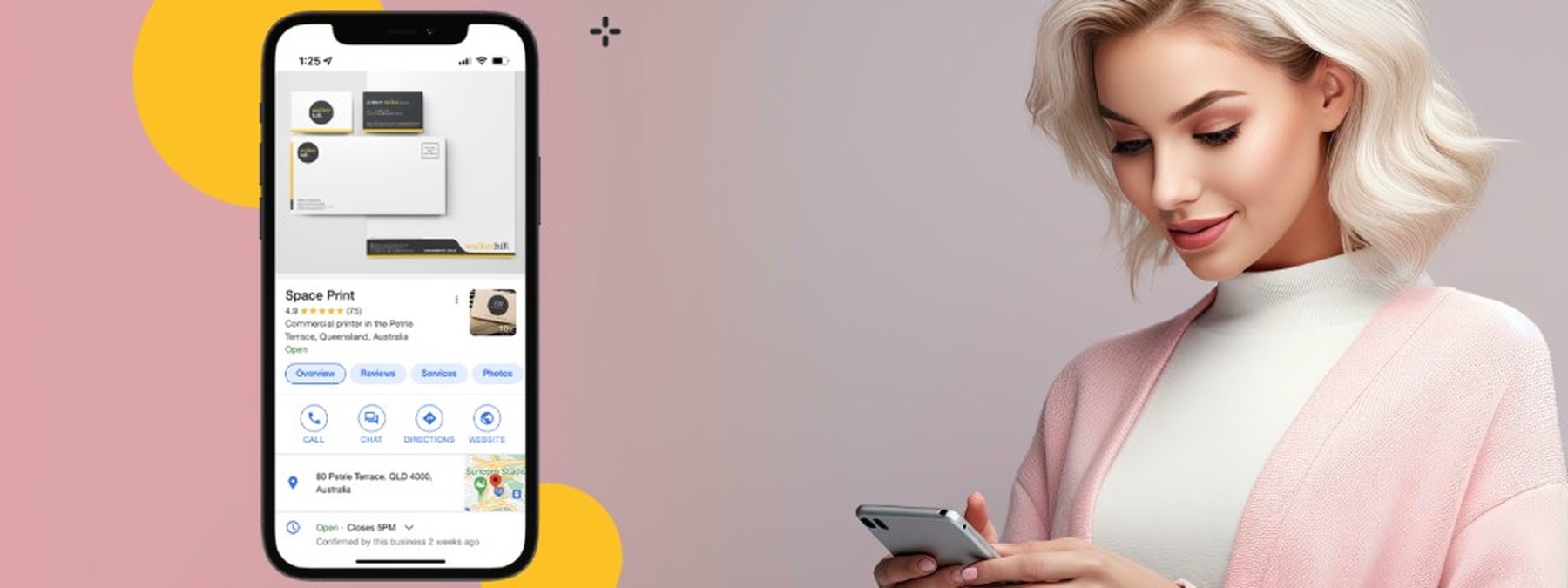Smartphone showing a Google Business Profile next to a customer using a phone