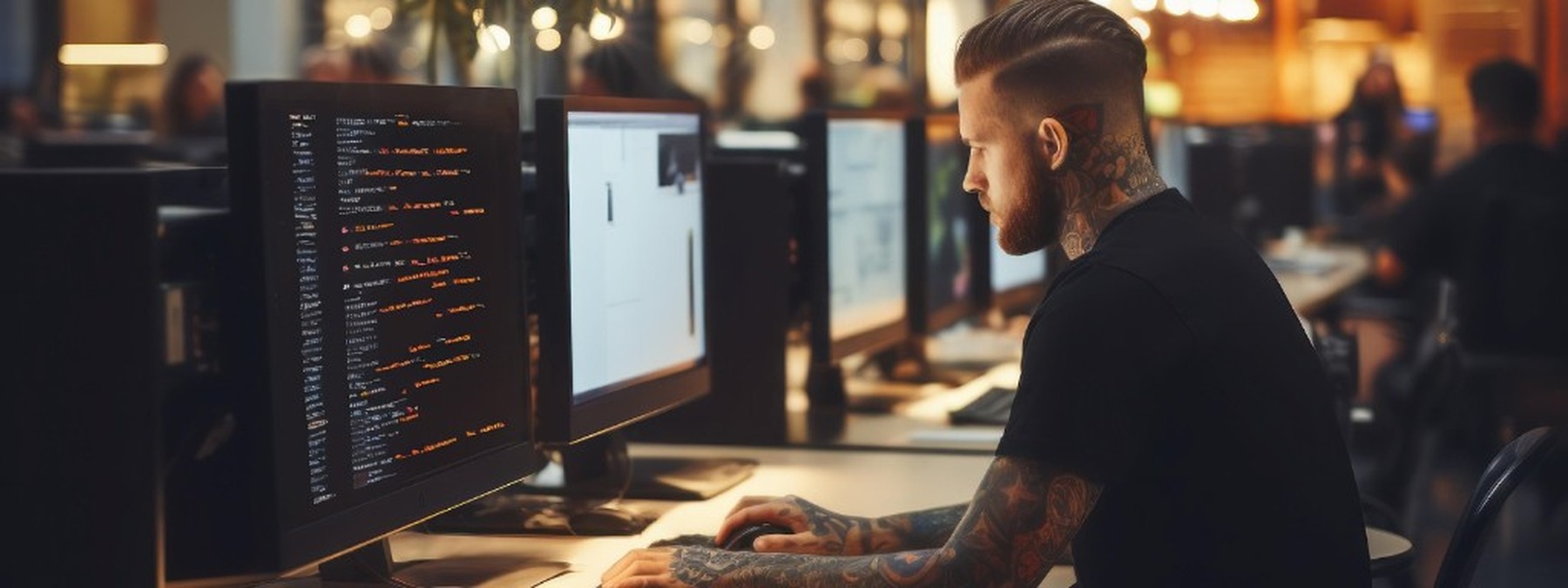 Web developer working on website code at a dual-monitor workstation