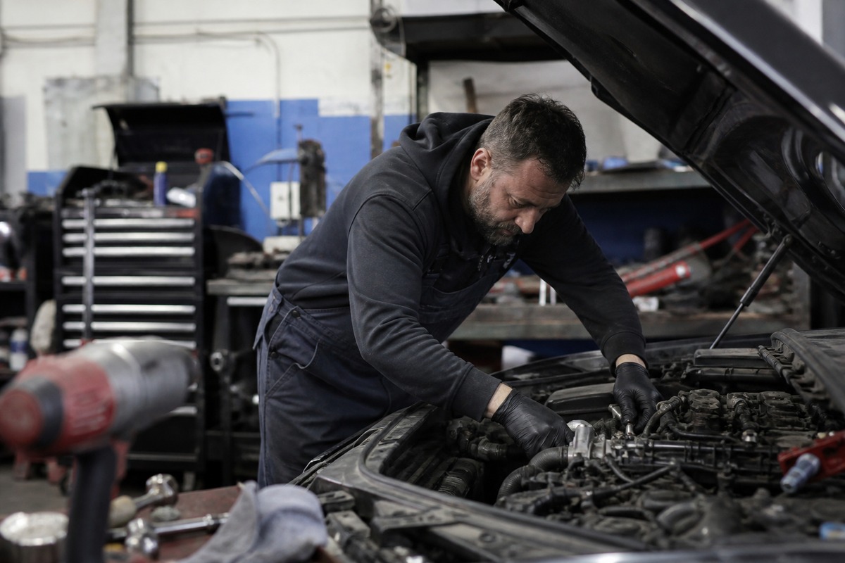Auto technician working on a vehicle in a garage