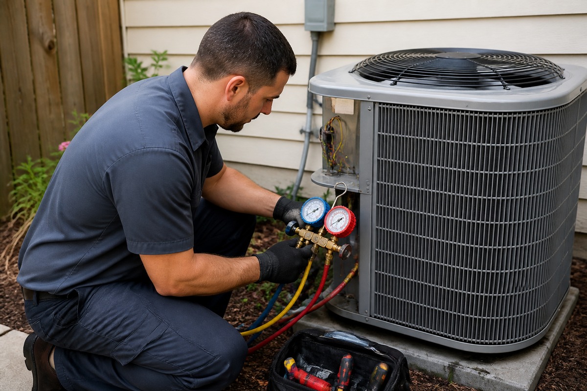 HVAC technician servicing heating and cooling equipment