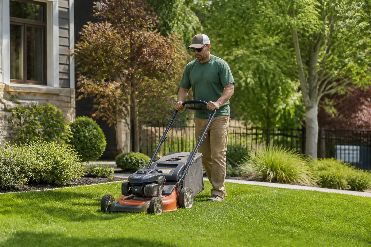 Landscaper maintaining a residential lawn and garden