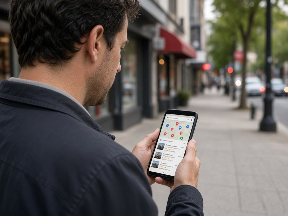 Customer searching on a phone for a local business nearby