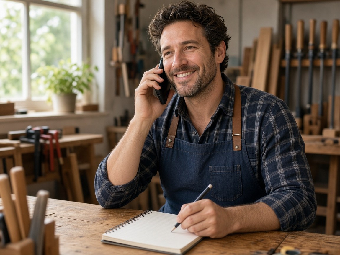 Local business owner taking a new customer enquiry call and writing notes