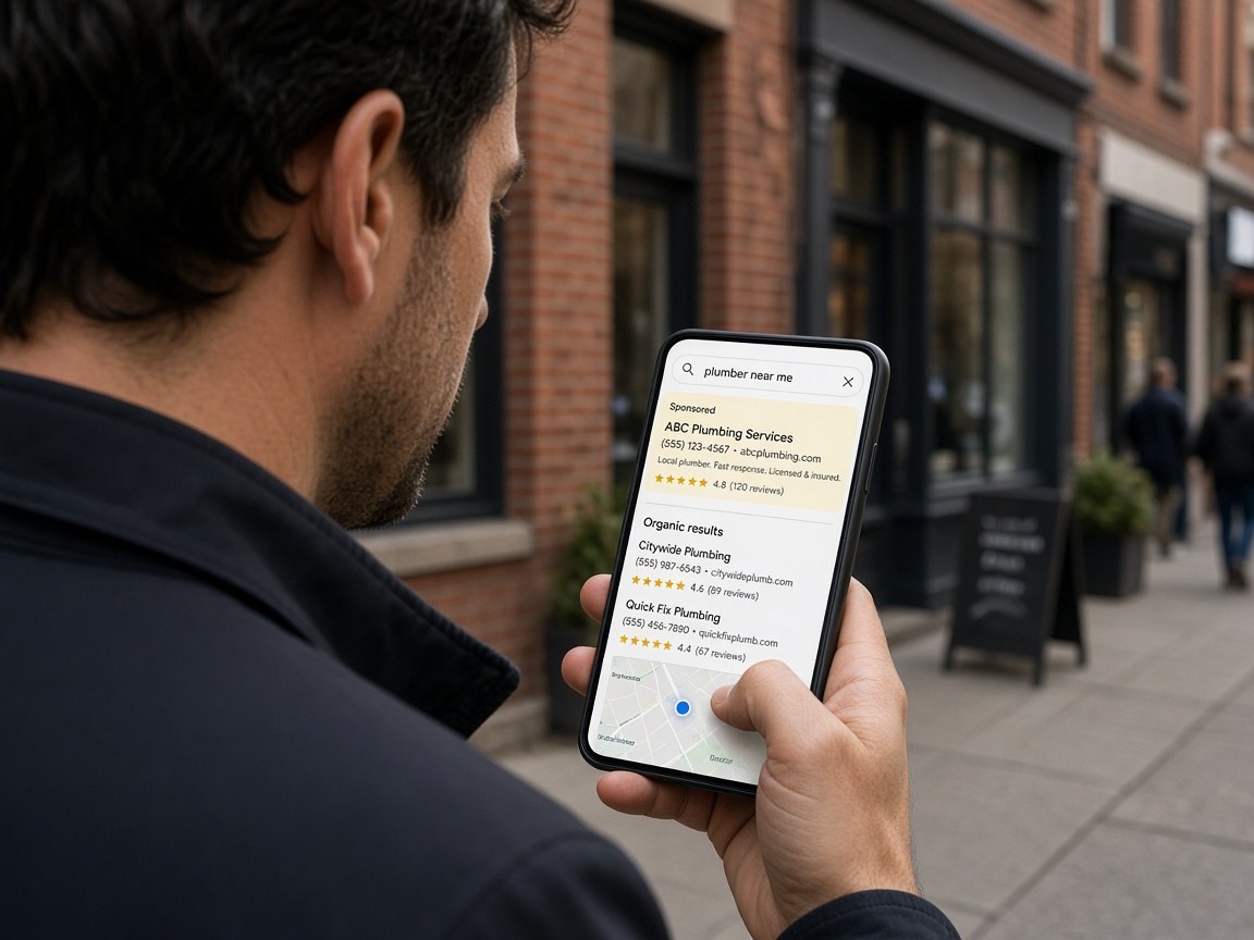 Customer on a sidewalk searching for a local service with a sponsored result on their phone