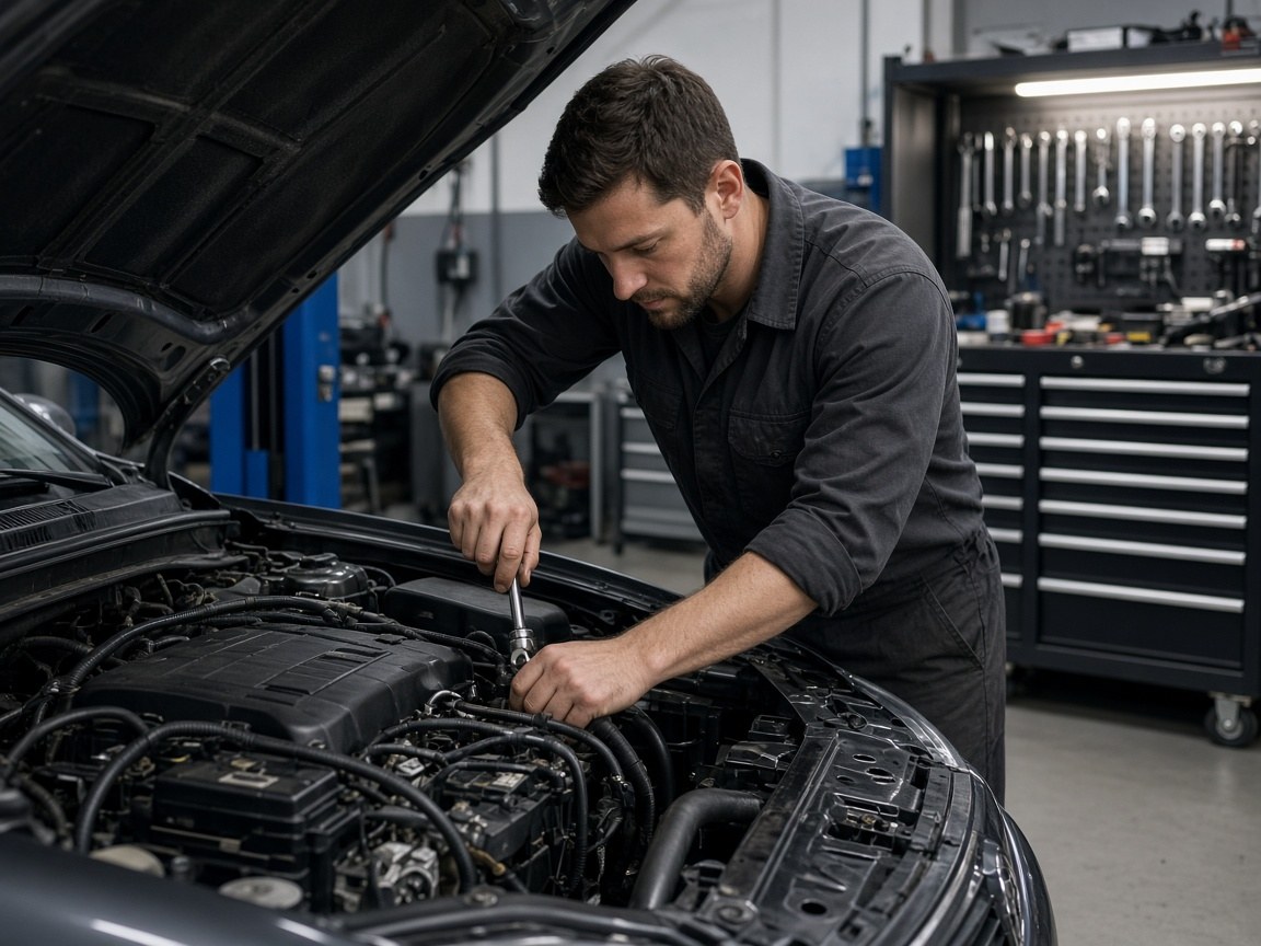 Auto mechanic working under a car hood in a garage