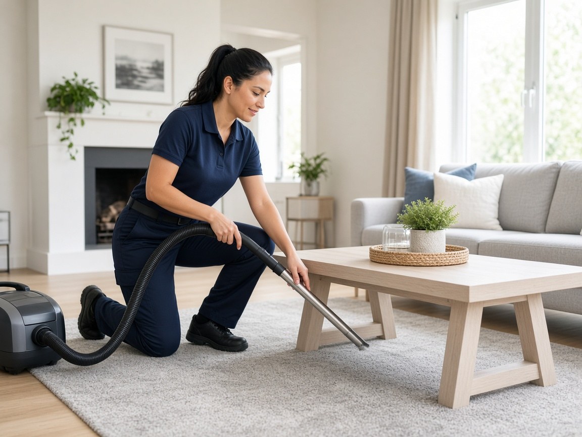 Professional cleaner vacuuming a residential living room