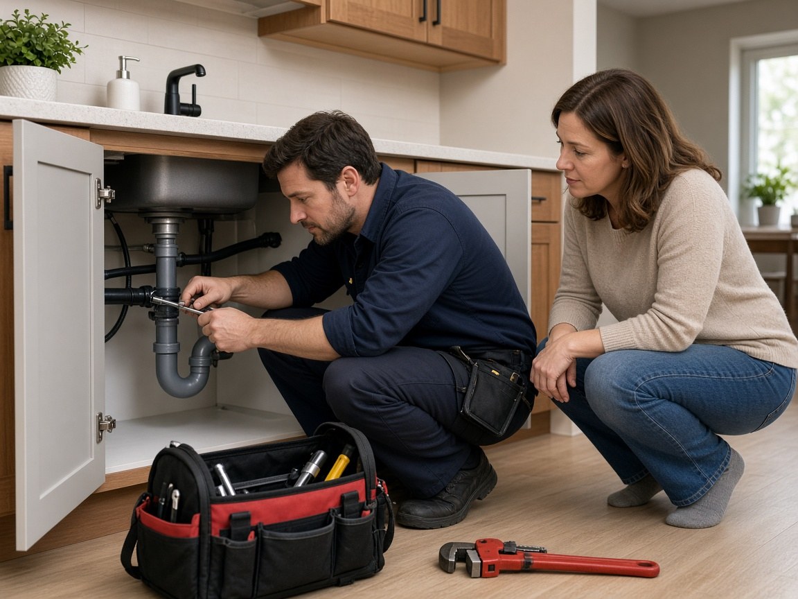Plumber repairing kitchen pipes for a homeowner