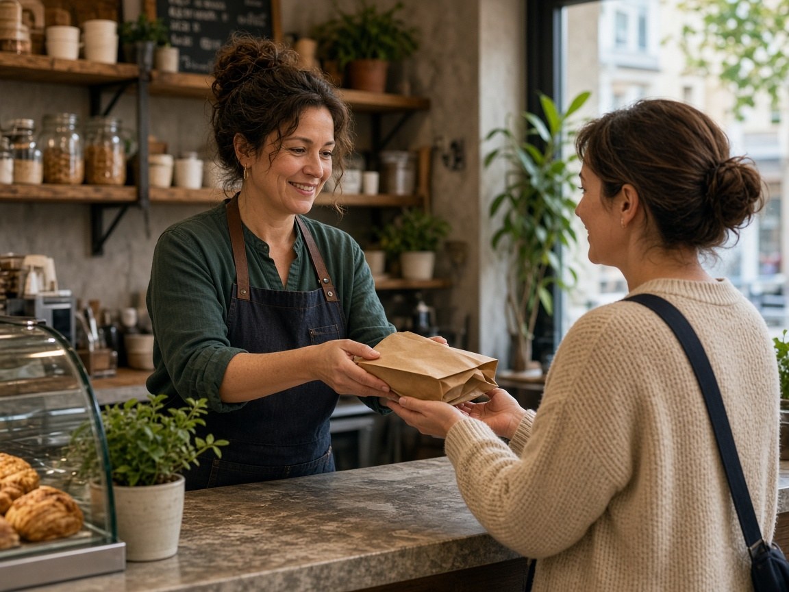 Local cafe owner serving a customer at the counter