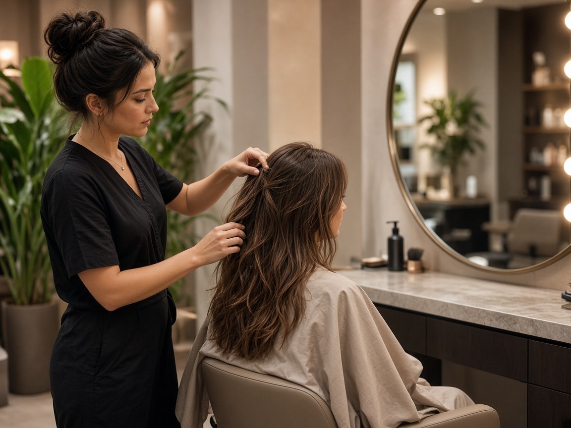 Ladies salon stylist styling a female client's hair