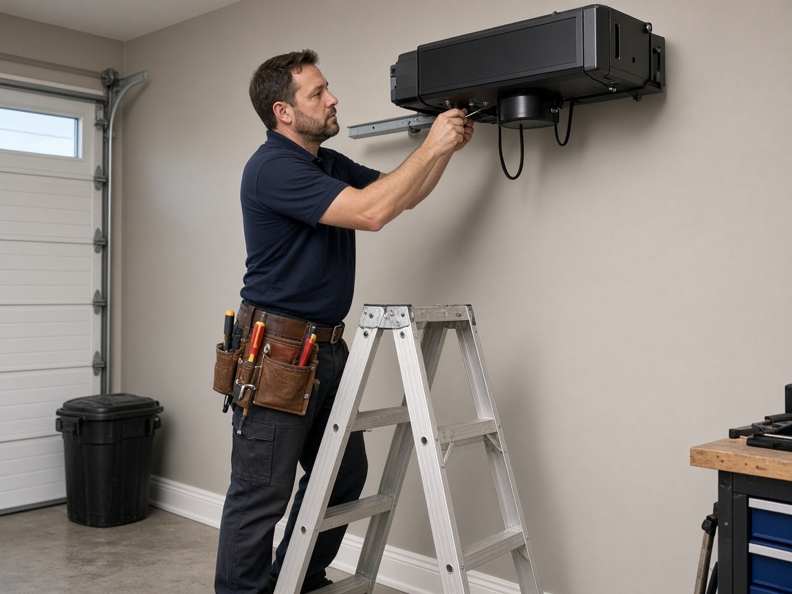 Technician on a ladder installing wall-mounted equipment