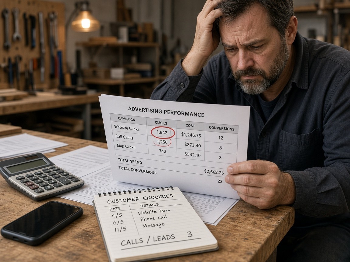 Business owner reviewing high ad click spend next to an empty leads notepad