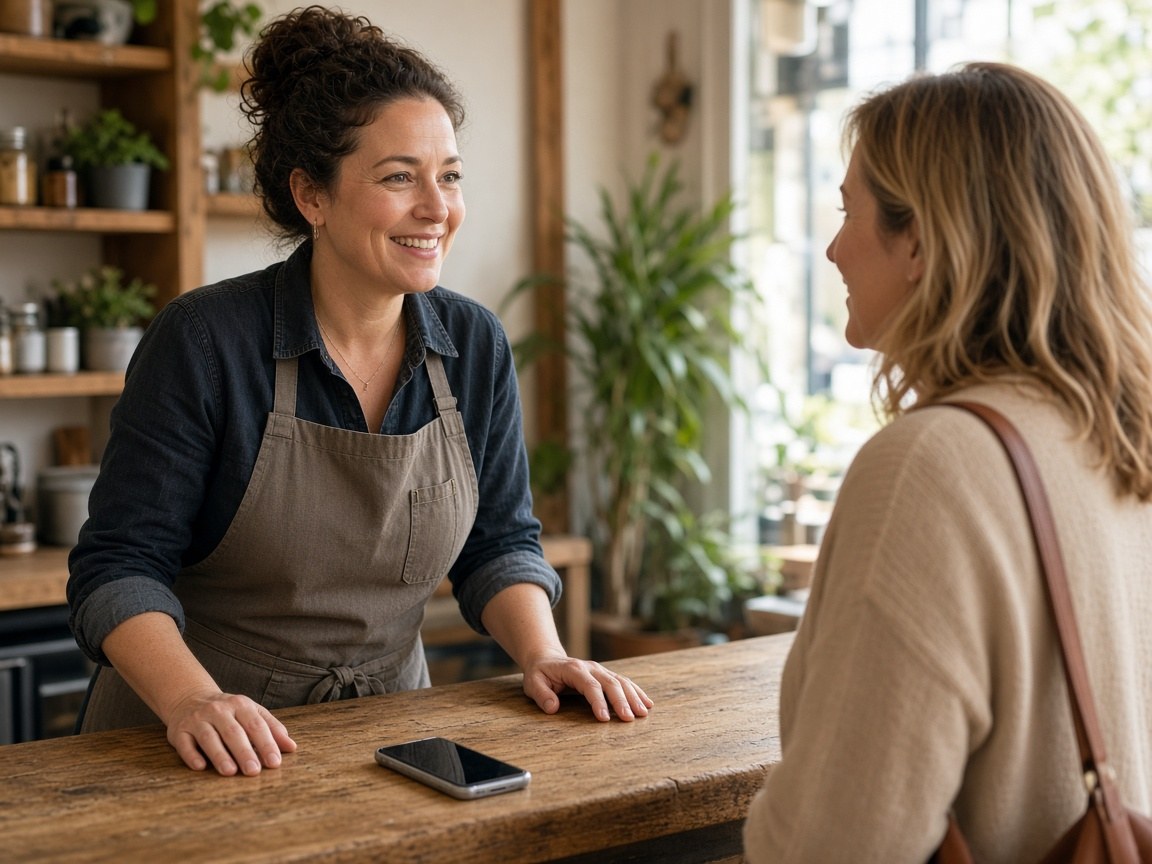Local business owner welcoming a customer who found the shop and came in