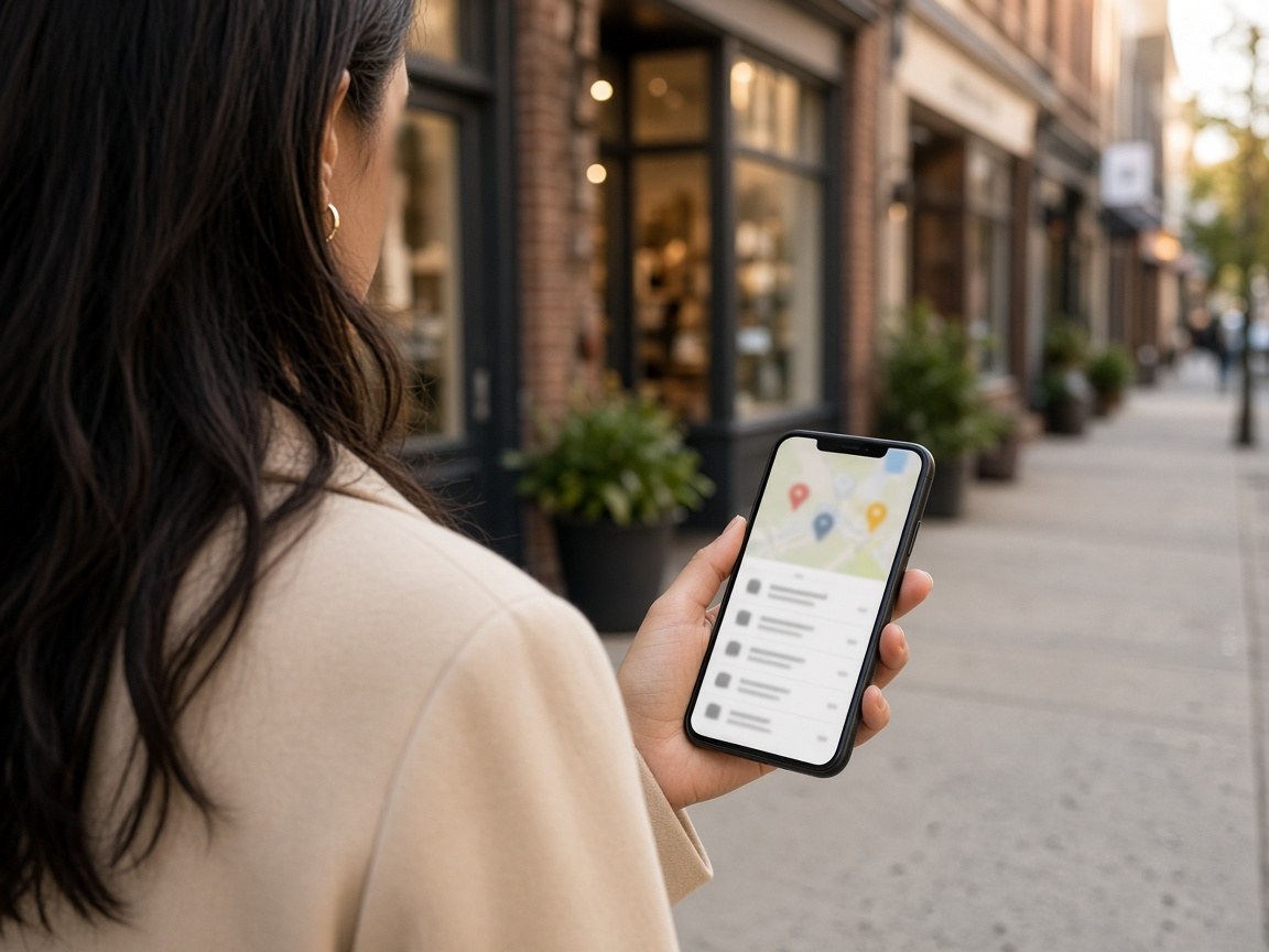 Customer on a city sidewalk searching for a nearby local business on their phone