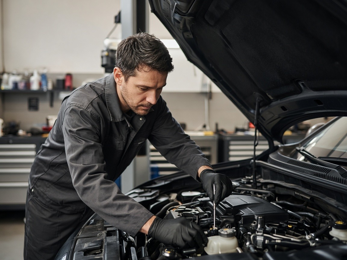 Mechanic working on a car engine in an auto repair garage