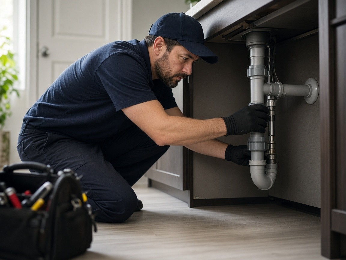 Plumber repairing sink pipes under a kitchen cabinet