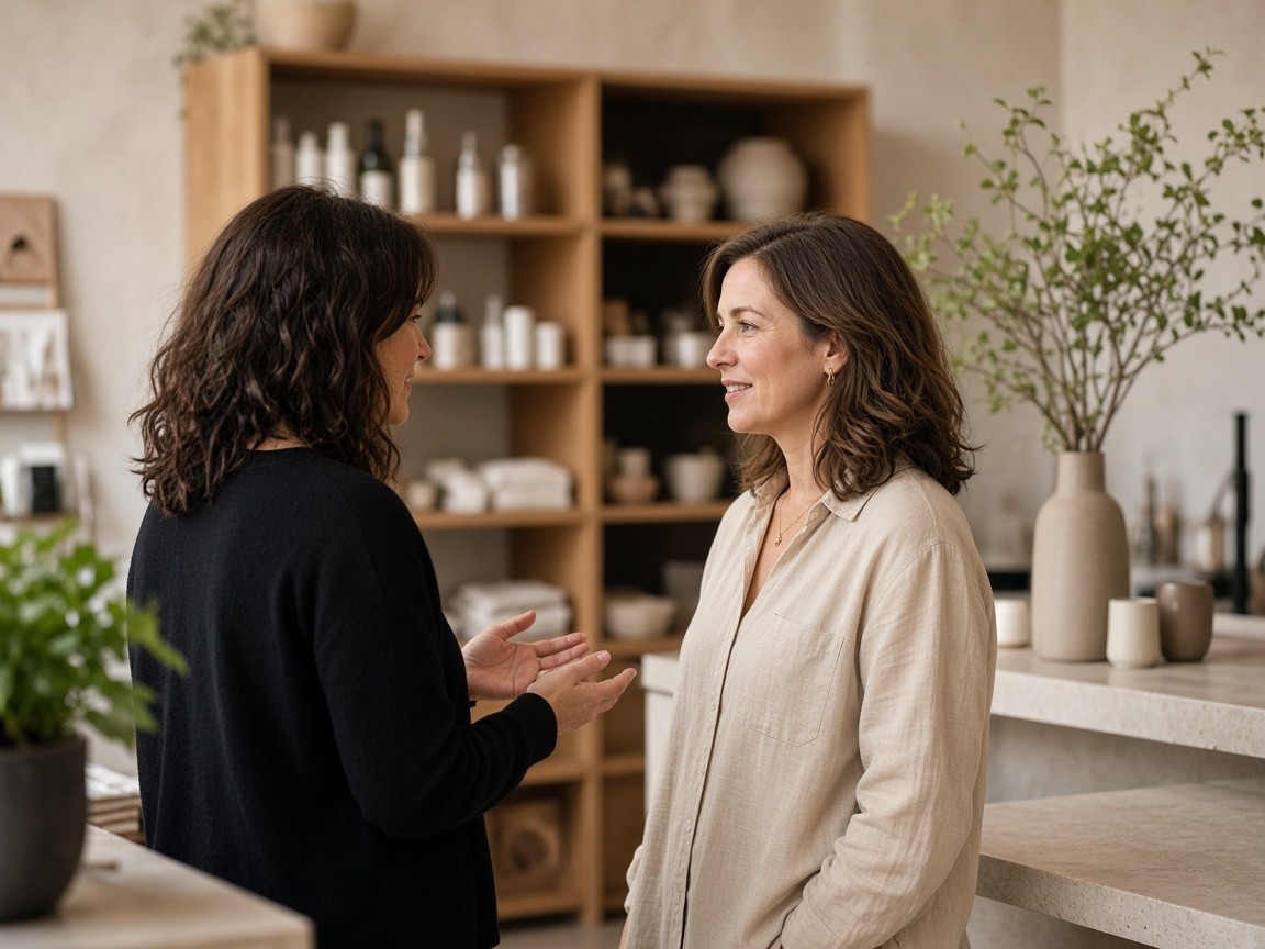 Two women talking in a boutique shop with product shelves behind them