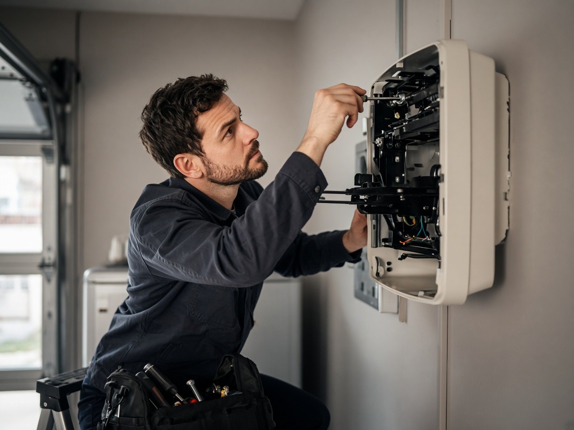 Technician repairing a wall-mounted unit on a step ladder