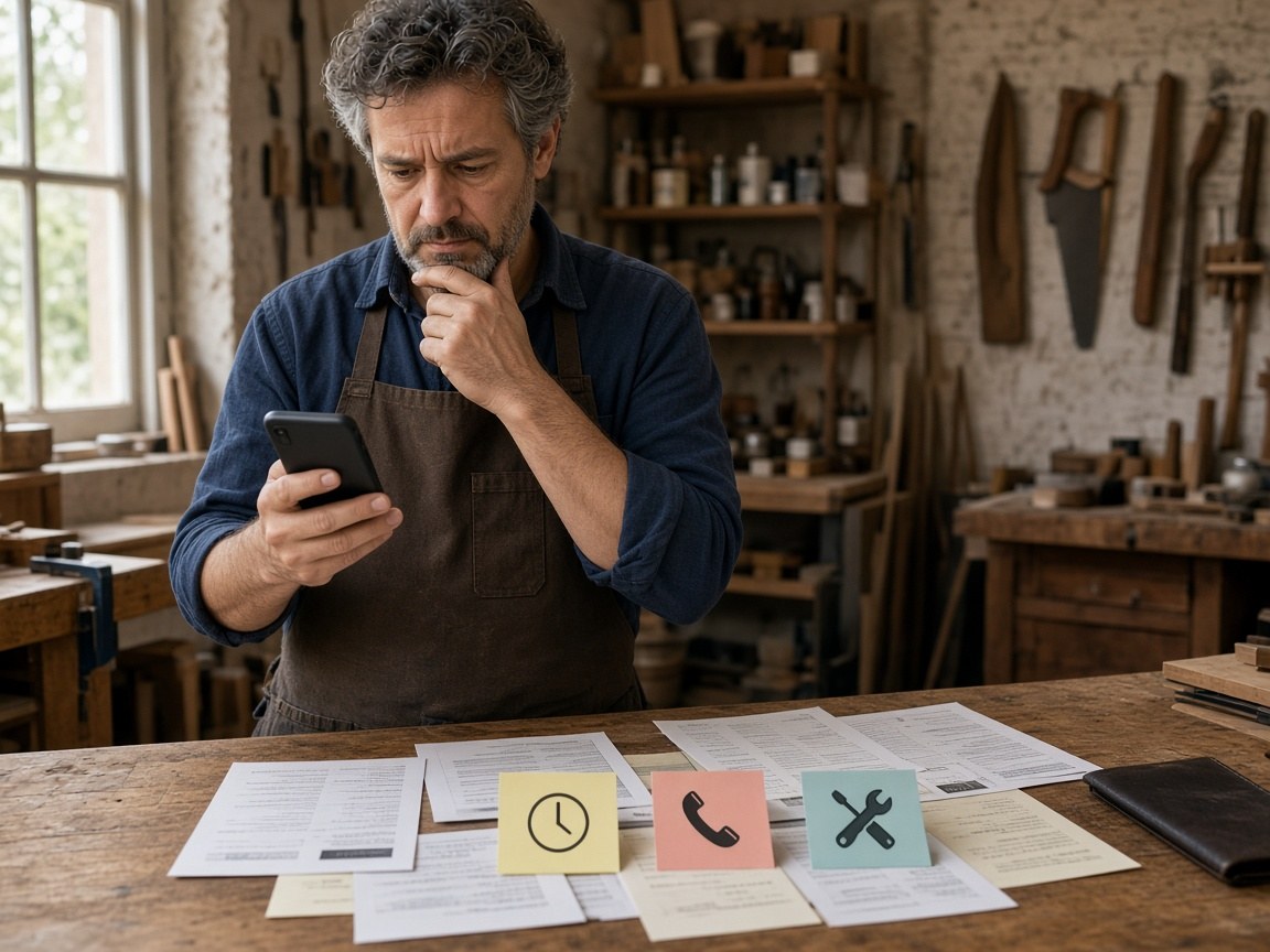 Local business owner looking concerned while checking incomplete business details on a phone