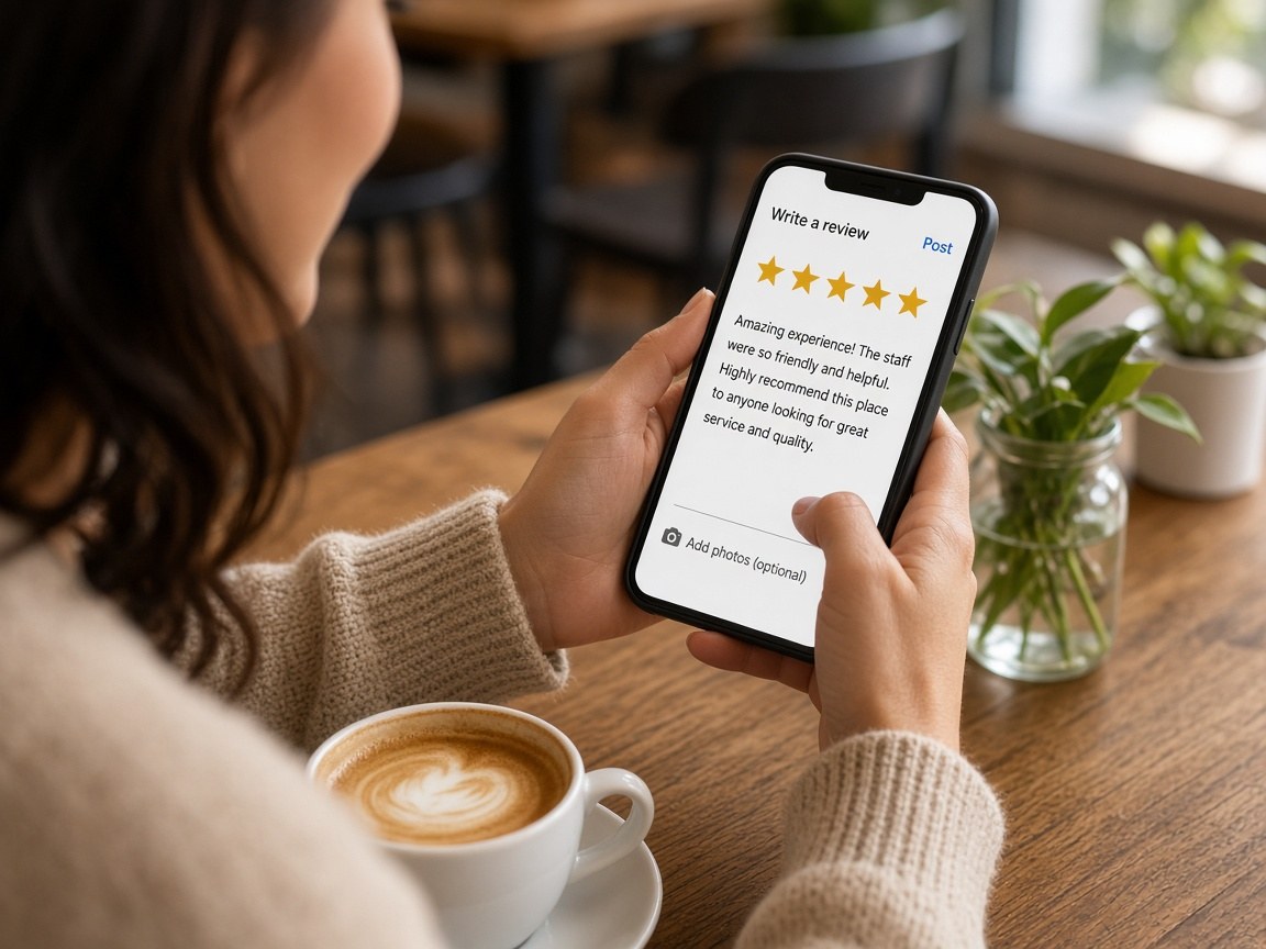 Happy customer writing a positive review with five stars selected on their phone