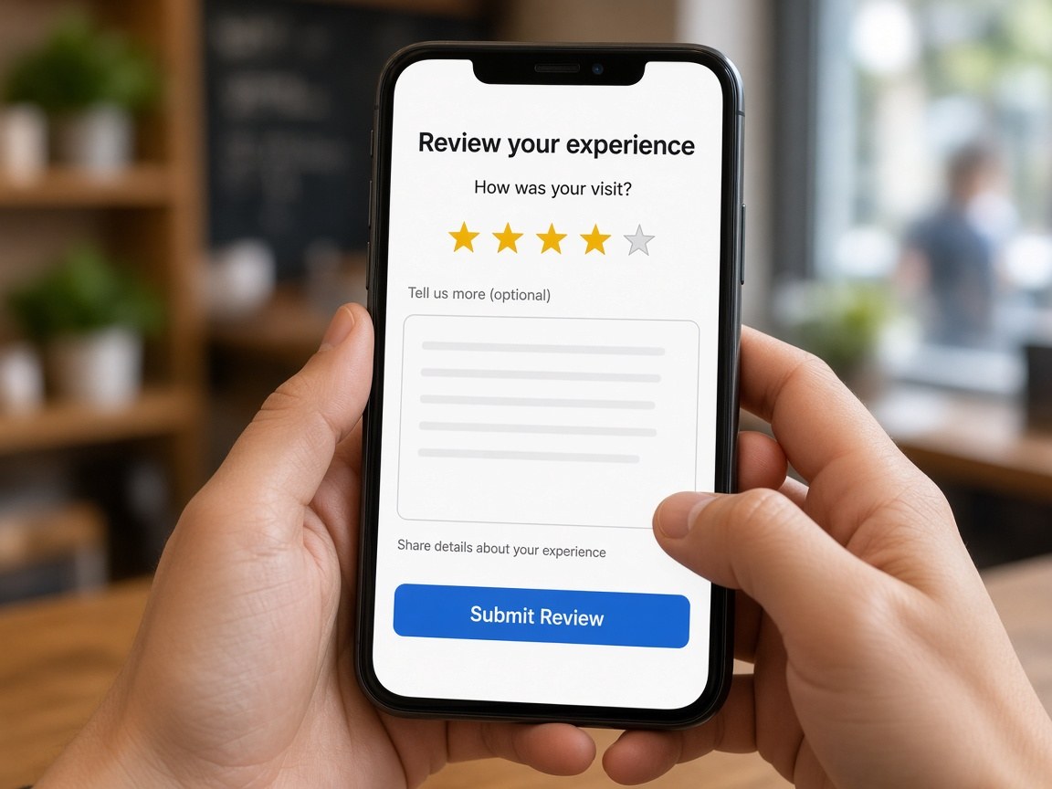 Customer selecting star ratings on a phone while writing an online review