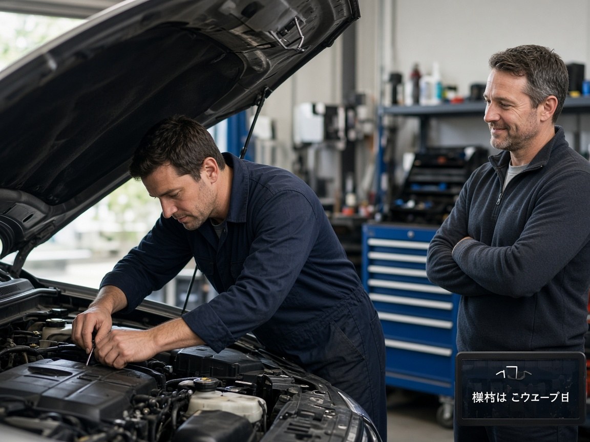 Auto mechanic working under a car hood while a customer watches in the garage