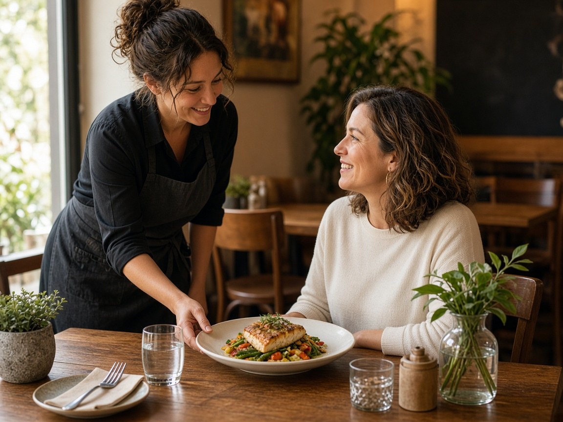 Restaurant server delivering a plated meal to a smiling customer