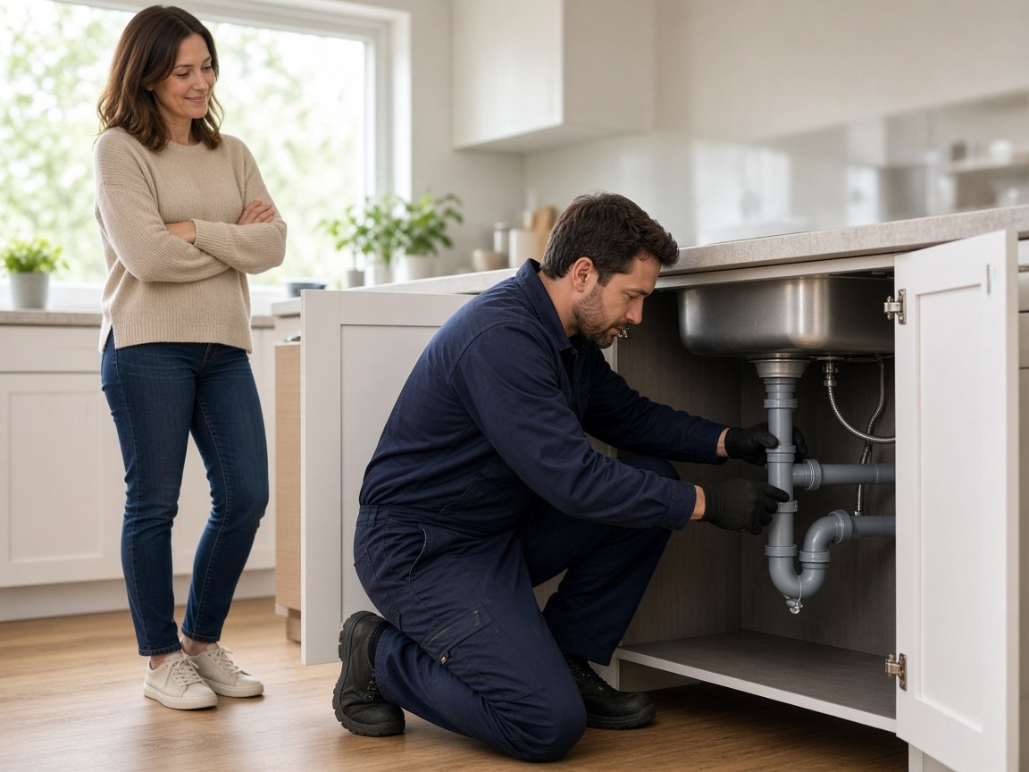 Plumber repairing kitchen pipes while a homeowner watches