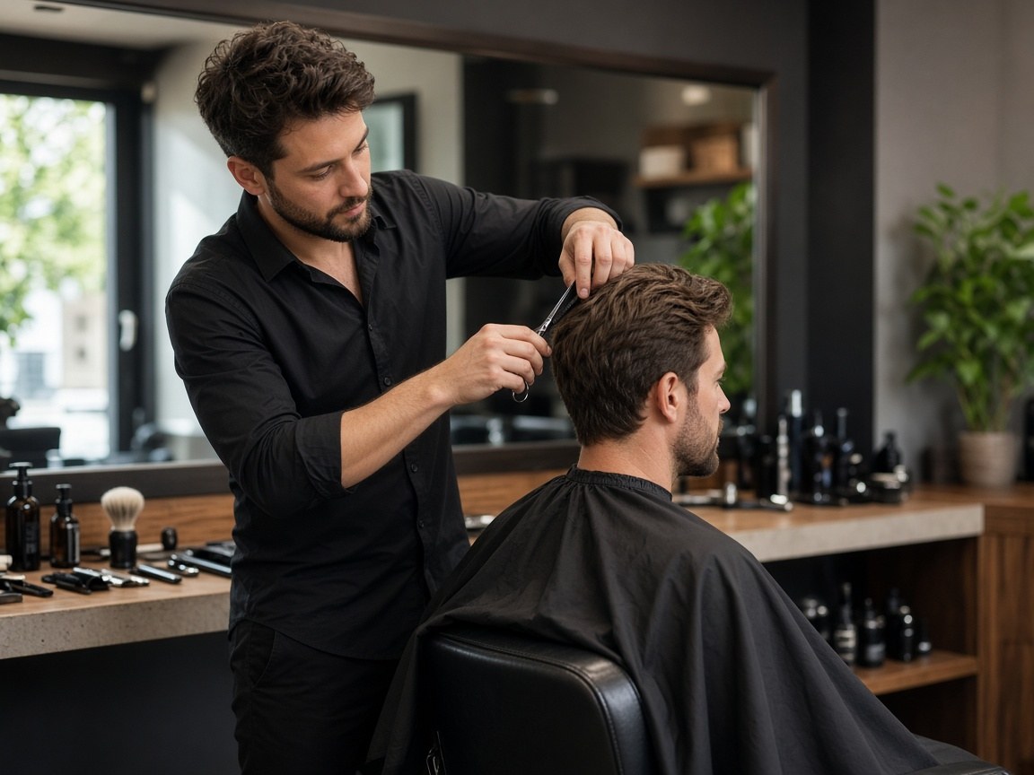 Barber cutting a customer's hair in a barbershop chair