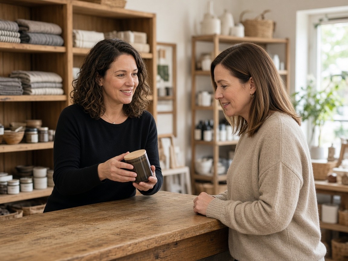Retail shop owner helping a customer choose a product at the counter