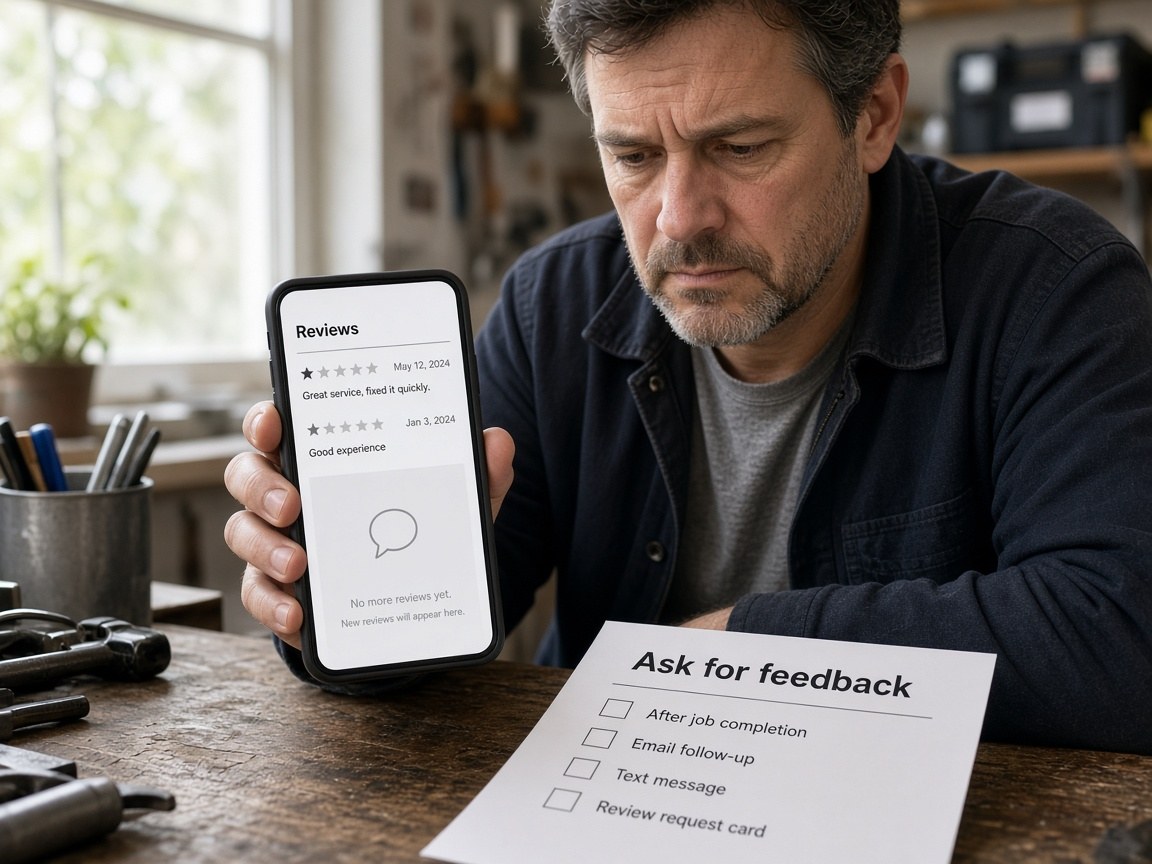 Business owner checking a phone with few reviews beside an unused ask-for-feedback checklist