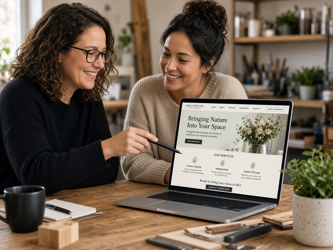 Designer and business owner reviewing a finished local website with a Contact button