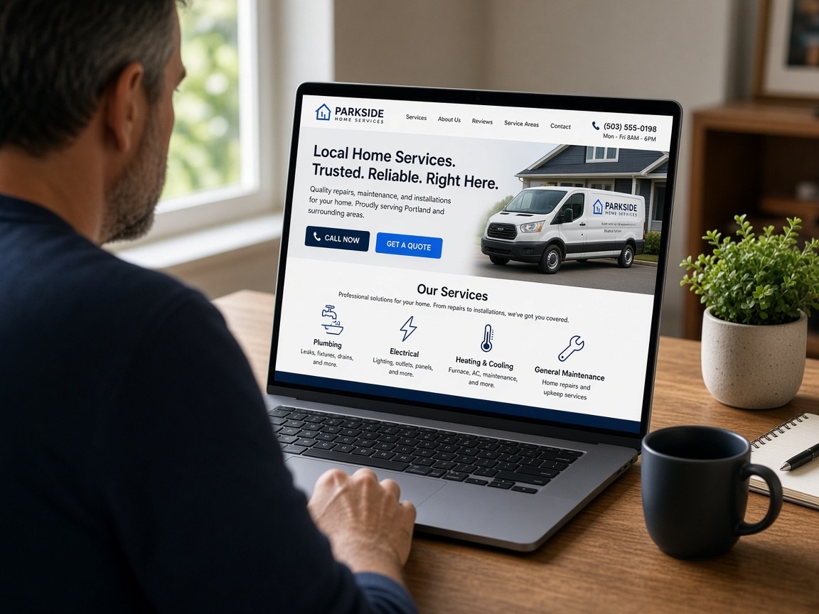 Business owner reviewing a local service website with clear Call Now and Get a Quote buttons