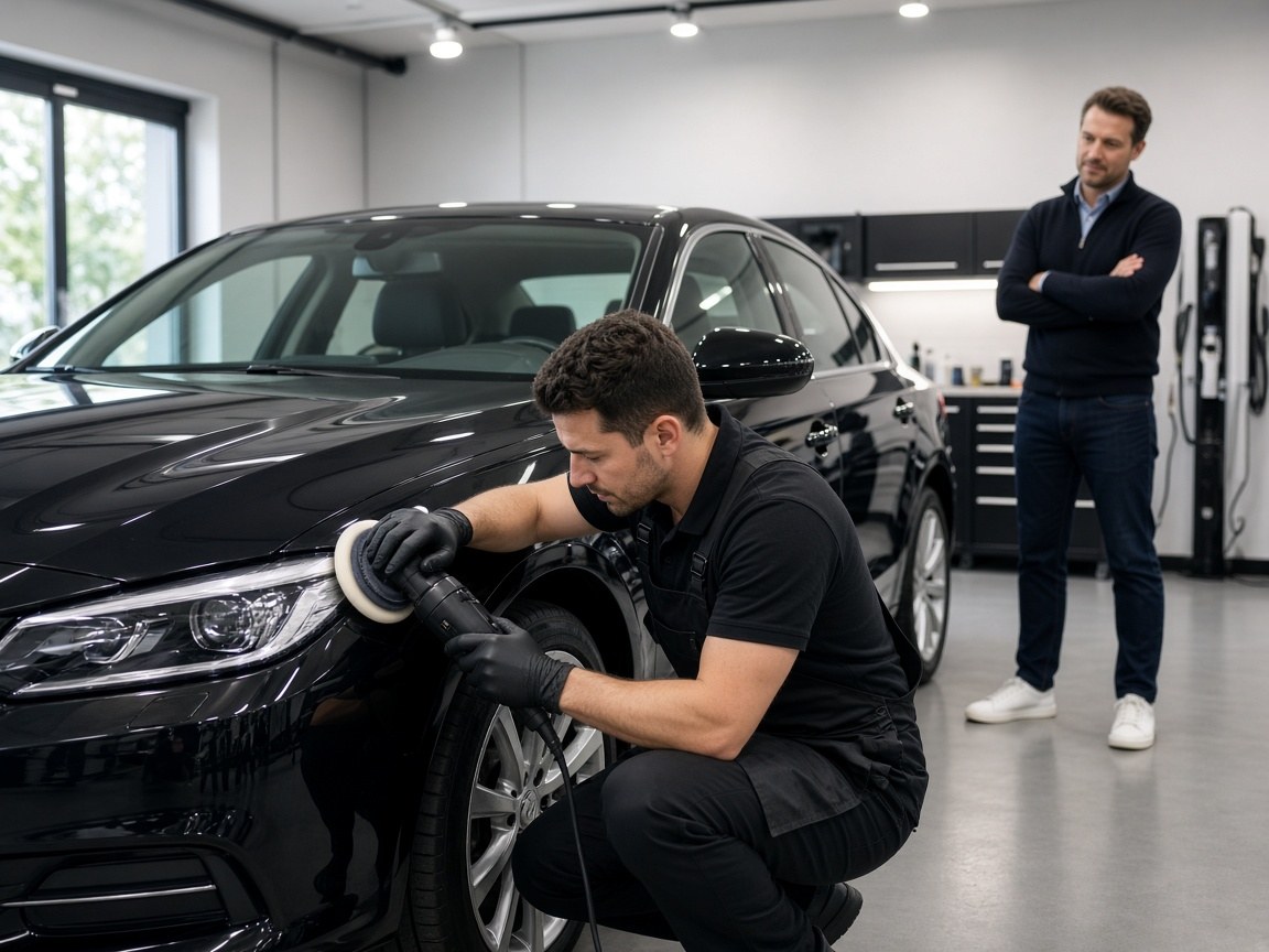 Auto detailer polishing a car while a customer watches in the garage