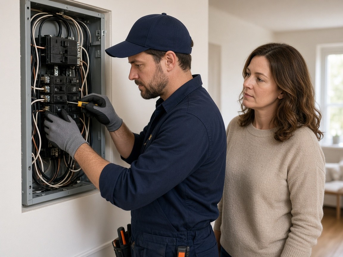 Electrician working on a residential electrical panel with a homeowner nearby