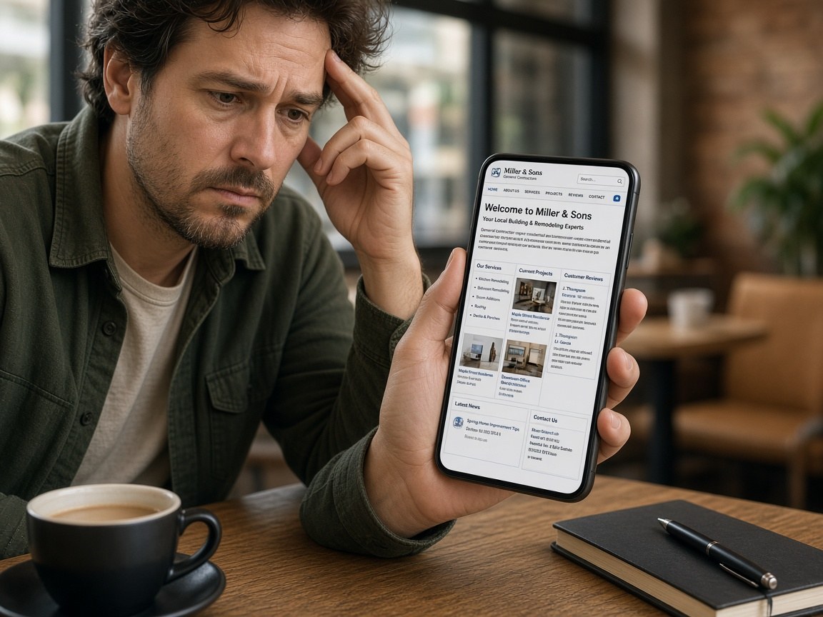 Frustrated visitor struggling with a cluttered outdated business website on a phone