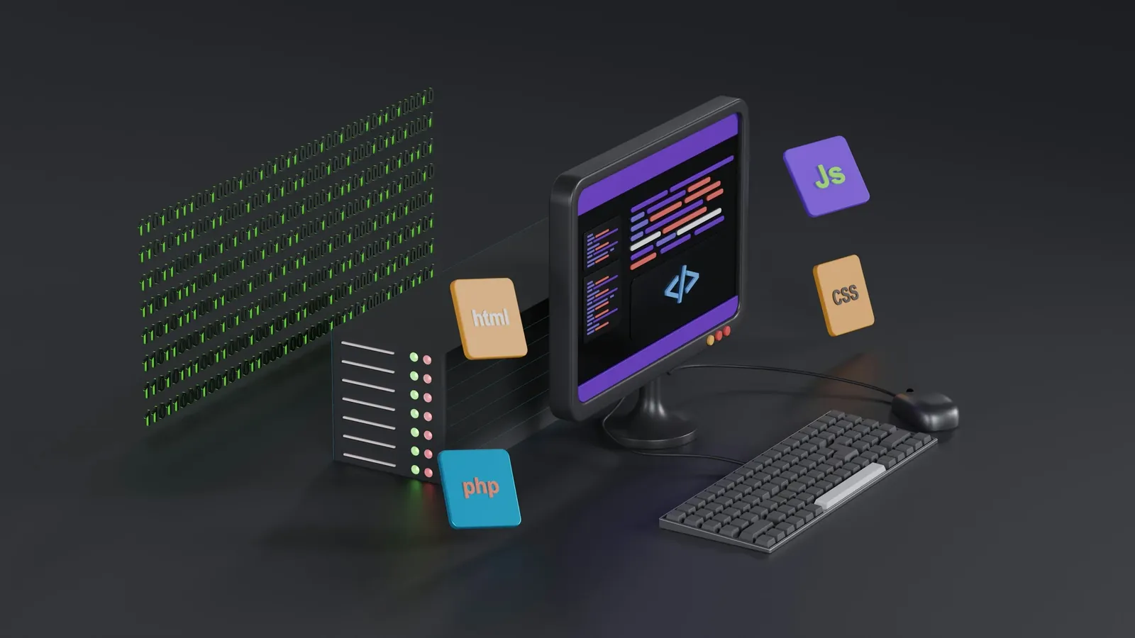 Illustrated website building service banner with code and layout tiles